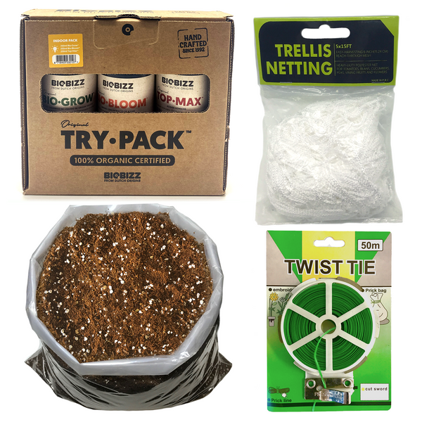 Startup Bundle of House Blend 20L Premium Soilless Mix, Biobizz Try-Pack Fertilisers (3x250ml), Twist Ties Plant Wire and Plant Support Trellis Net